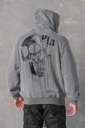 Grey Wash YoungLa 551 - Drippy Skull Hoodie | 0962-LZKIV