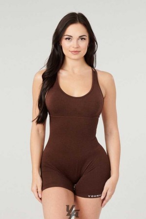 Tweed Brown YoungLa W330 - Core Seamless Cross-back bodysuit | 7149-MZGXO