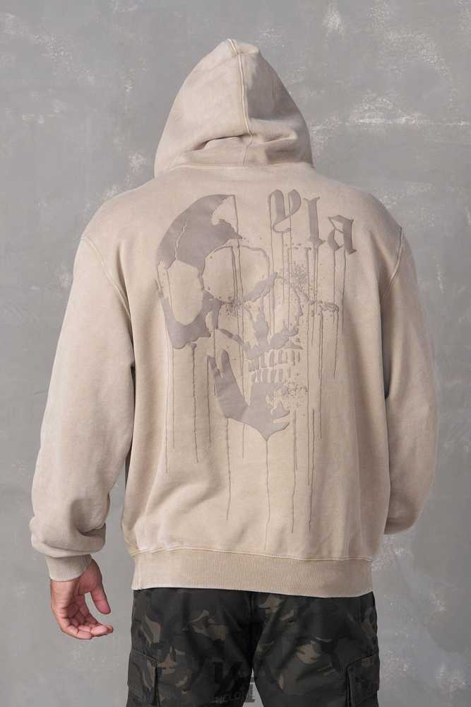 Beige Wash YoungLa 551 - Drippy Skull Hoodie | 0372-ZETRG