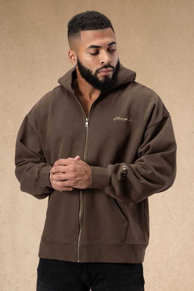 Brown Wash YoungLa 546 Rivet Zipup Hoodies | 9426-FGCJI