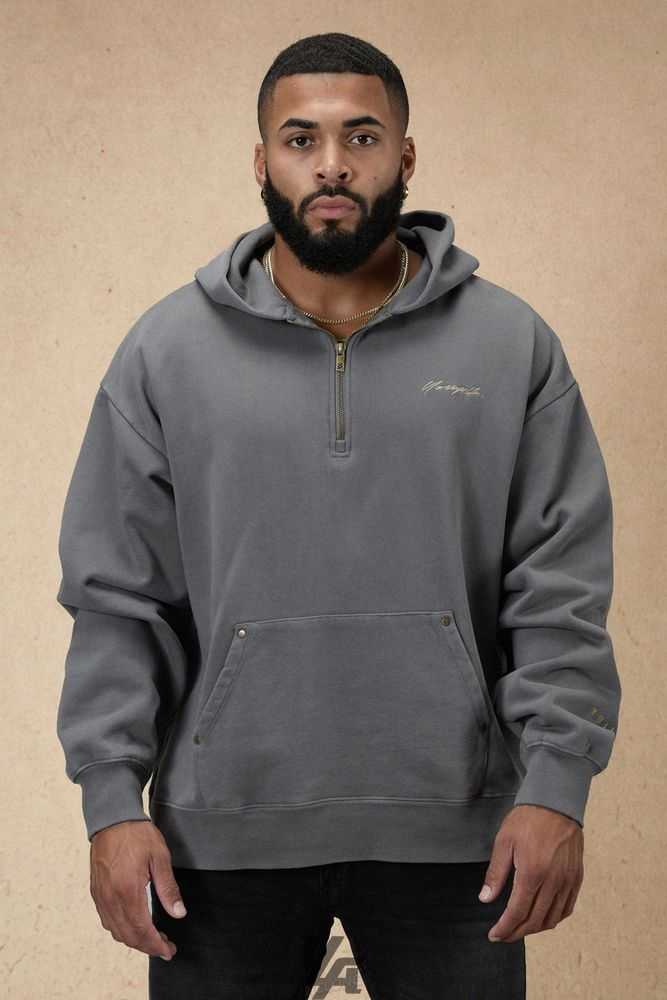 Grey Wash YoungLa 509 Rivet Quarter Zip Hoodie | 6803-NDMUG