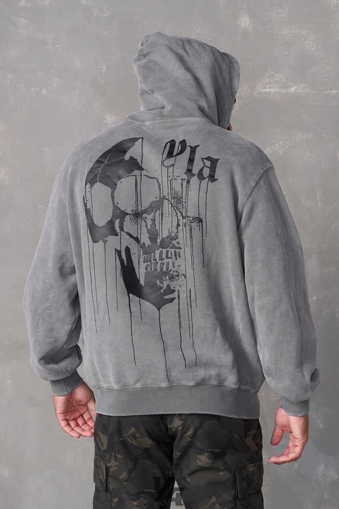 Grey Wash YoungLa 551 - Drippy Skull Hoodie | 0962-LZKIV