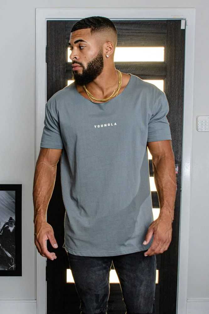 Grey YoungLa 447 Wide neck Raw Cut Tee | 1590-AWHSL