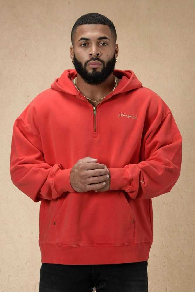 Red YoungLa 509 Rivet Quarter Zip Hoodie | 4570-OUPBH