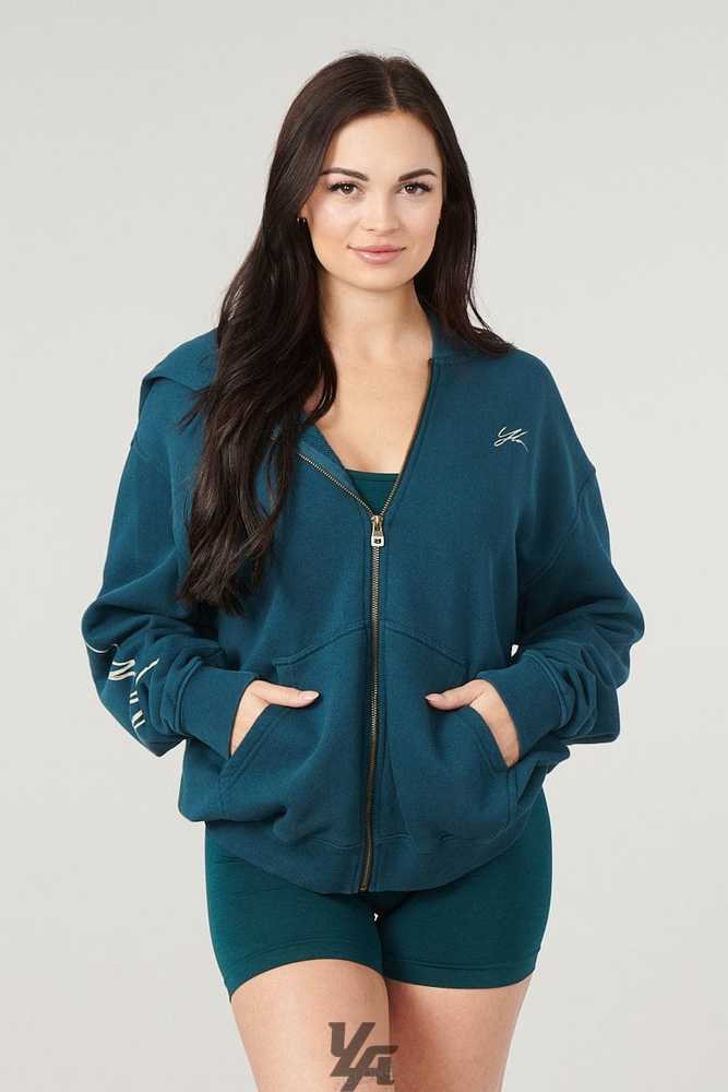 Teal YoungLa W519 - Emblem zip up hoodie | 6528-RMGOS