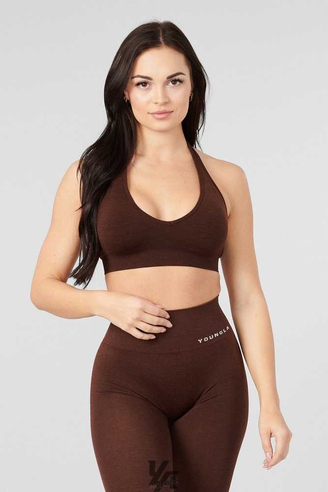 Tweed Brown YoungLa W328 - Core Seamless Halter sports bra | 1739-FWXDT