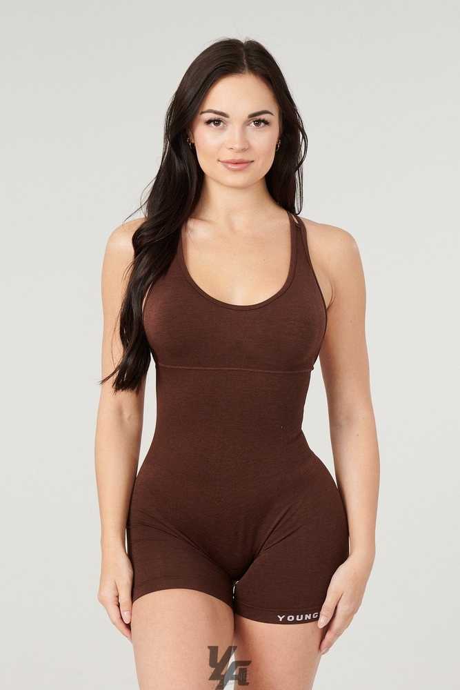 Tweed Brown YoungLa W330 - Core Seamless Cross-back bodysuit | 7149-MZGXO